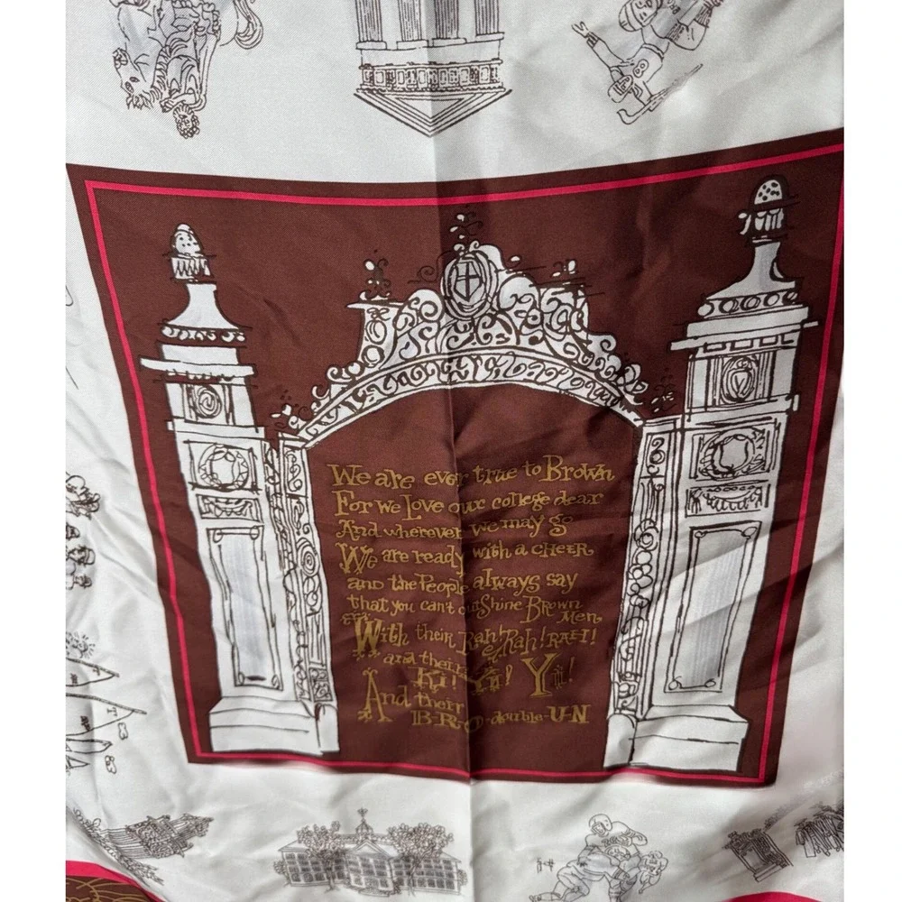 Vintage Brown University Silk Scarf Ivy League Collegiate Crest Brown Red White